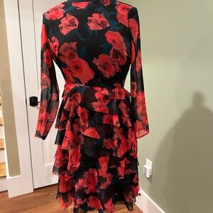 French Connection Red and Green Fit and Flare Long Sleeve Dress